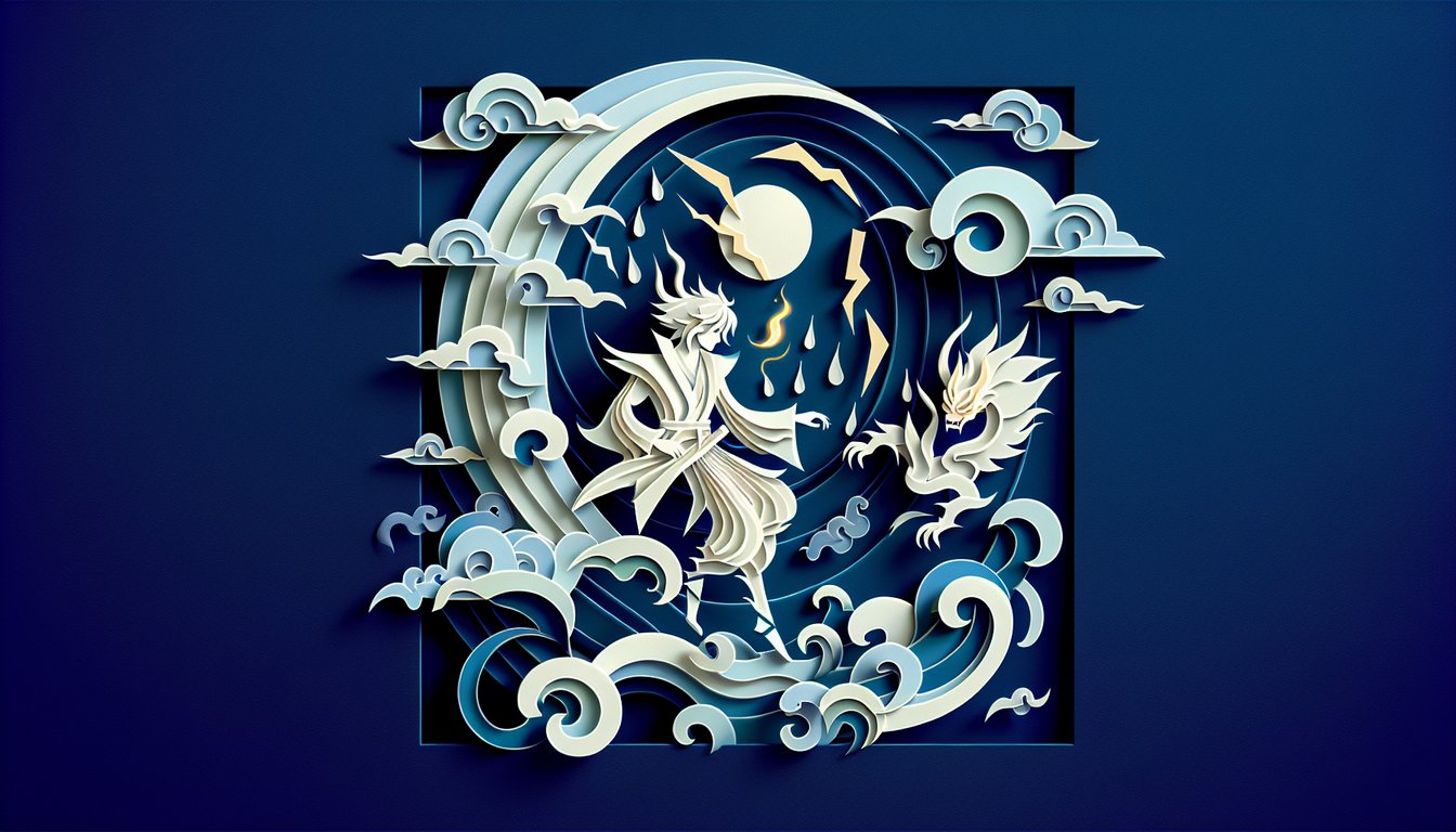Paper art illustration of stylized Noragami deities layered on dark blue backdrop with quiz title inviting personality test