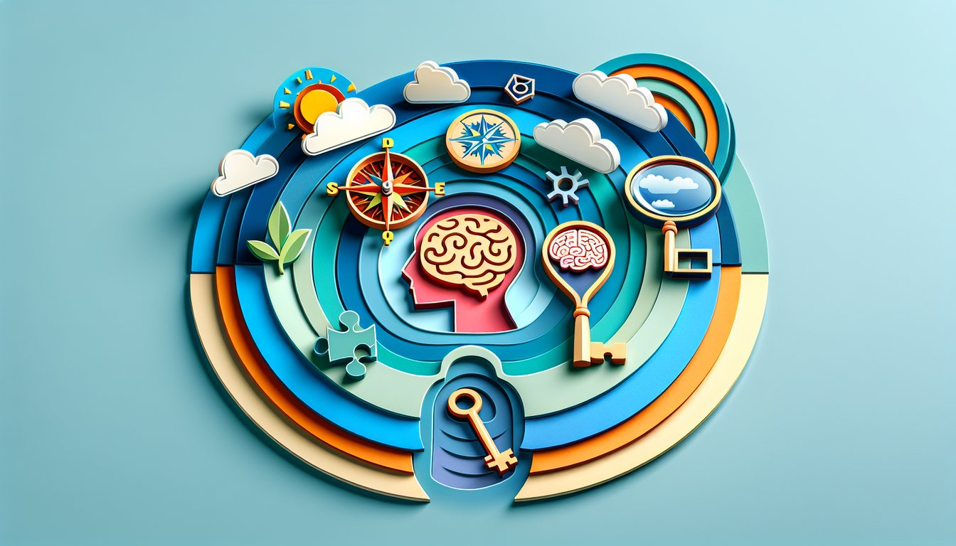 Paper art shapes symbolizing self discovery and personality traits around a quiz banner on sky blue background