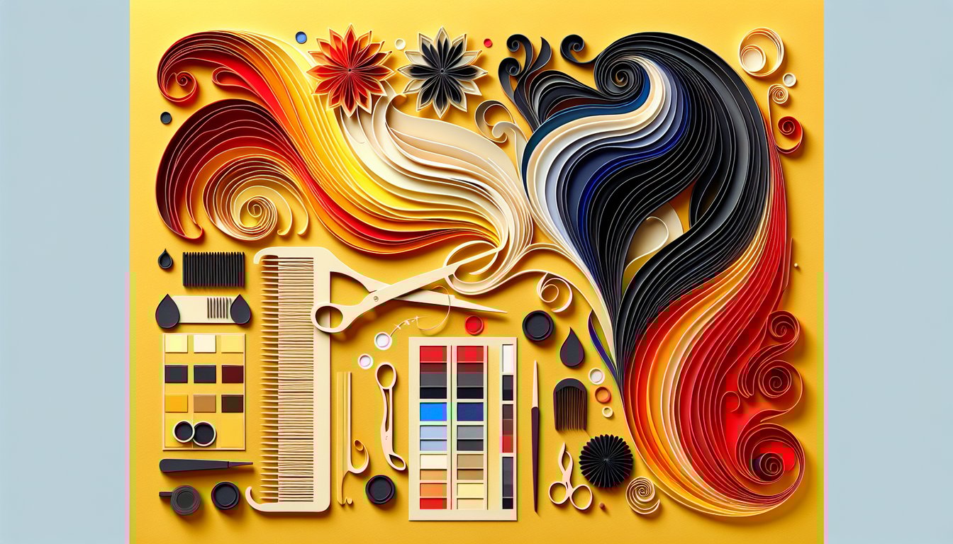 Paper art hair silhouettes in varied shades on golden yellow background for hair color personality quiz