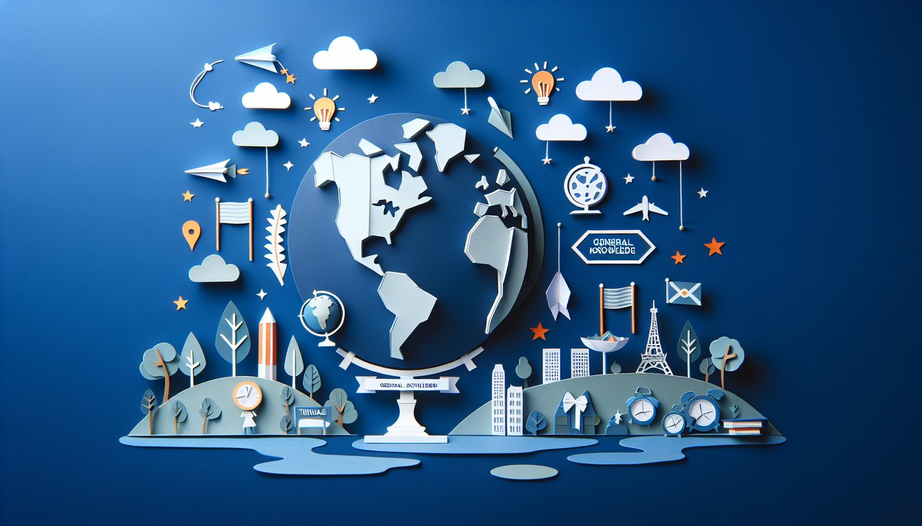 Colorful paper art depicting elements related to a Country General Knowledge Quiz.