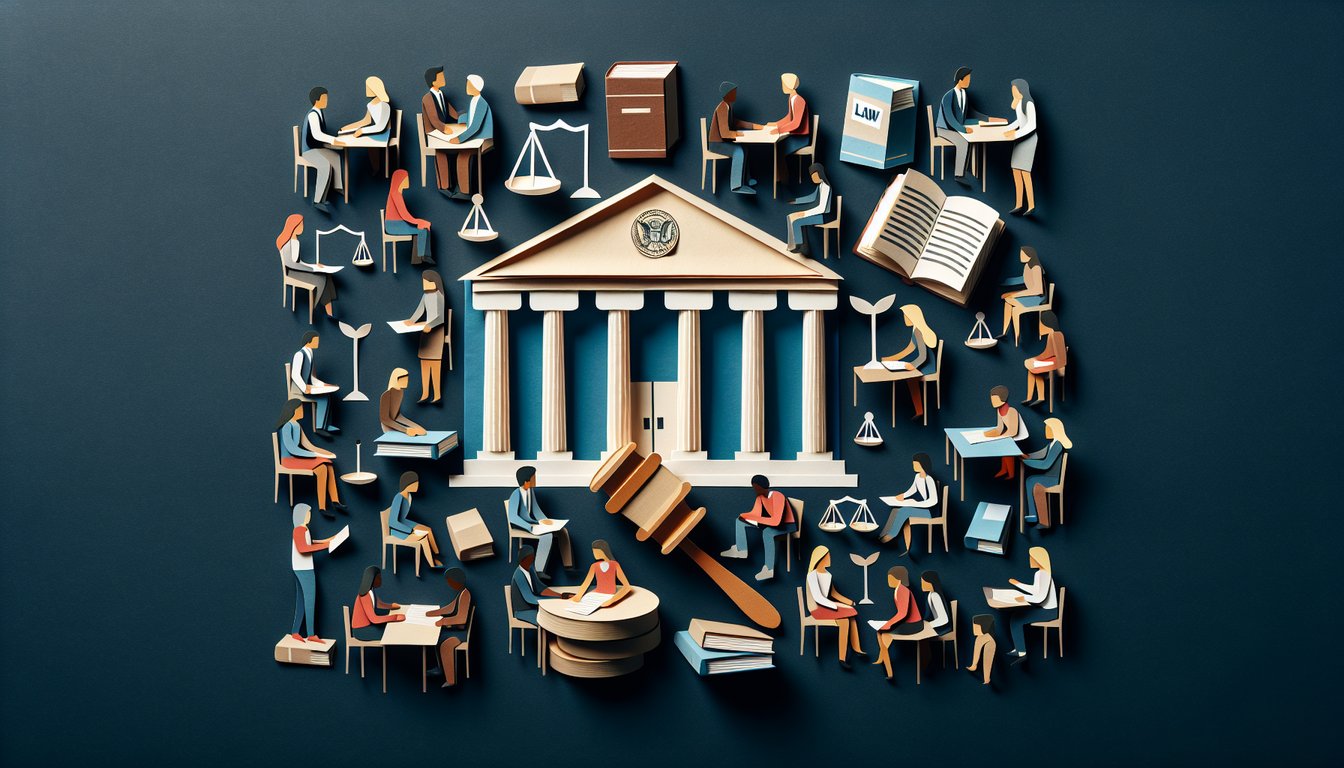 Paper art representing a trivia quiz on the Justice System Challenge for high school students.