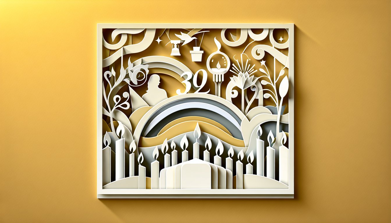 Paper art illustration for age guessing quiz on a golden yellow background.