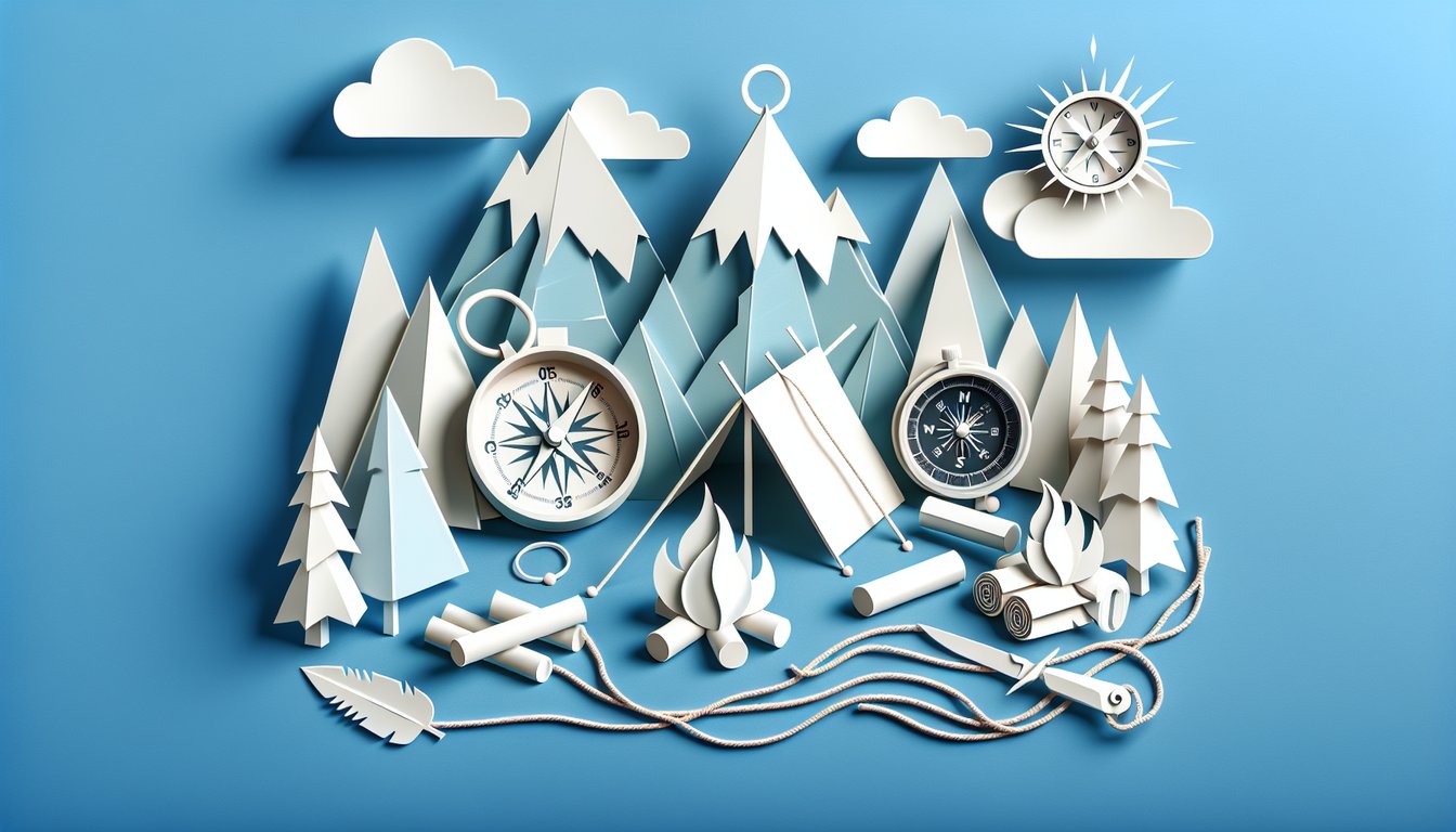 Paper art style illustration of free Survivor trivia quiz on sky blue background with challenge outwit outplay outlast