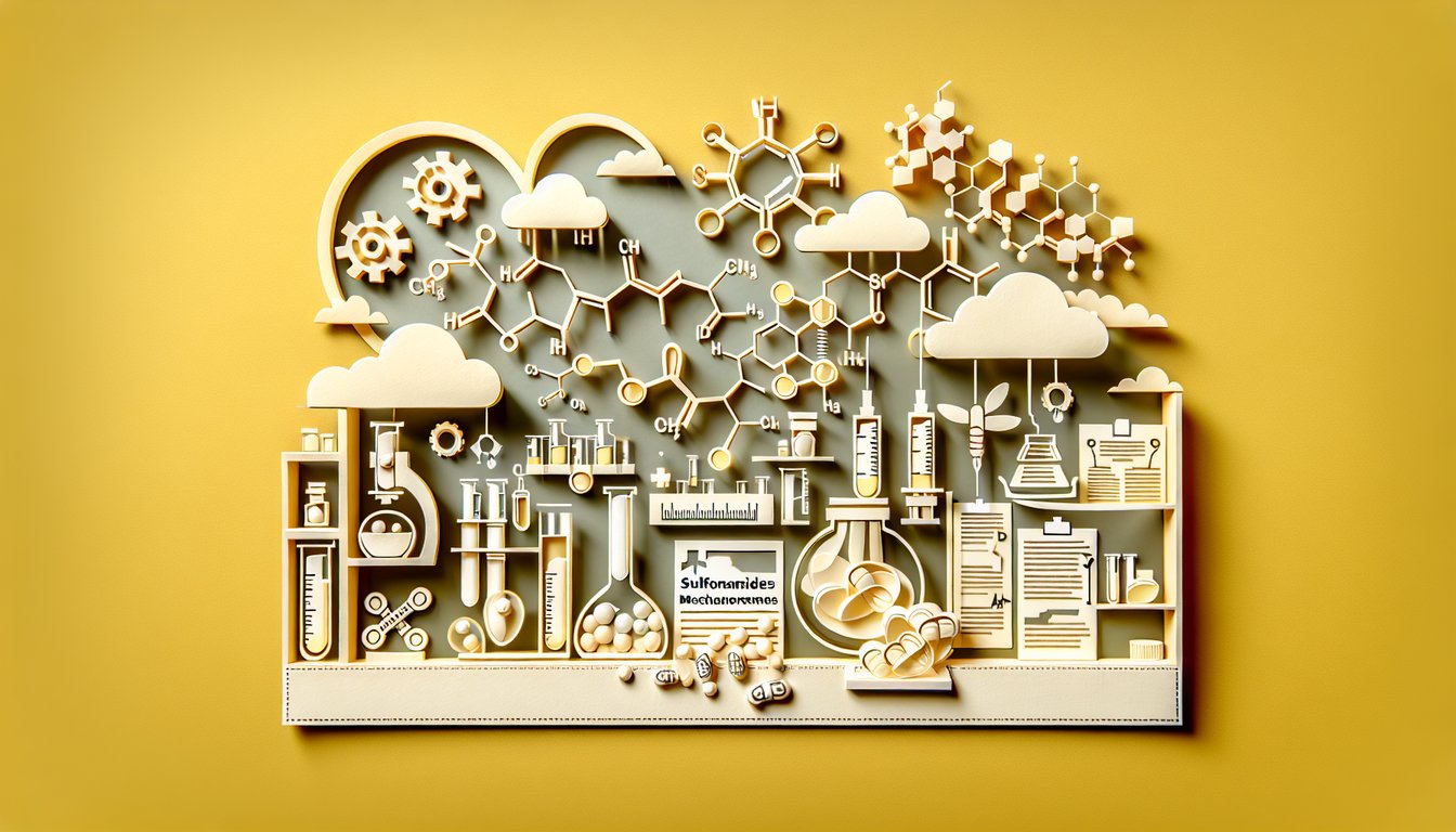 Paper art illustration of quizlet pages molecule models and quiz cards for sulfonamide trivia on golden yellow background.