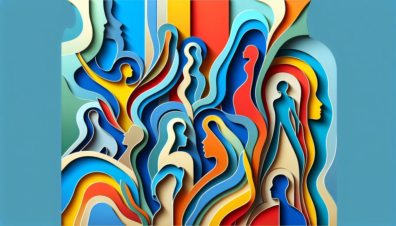 Colorful paper art illustration promoting a free spectrum quiz to discover your color personality on a sky blue background.
