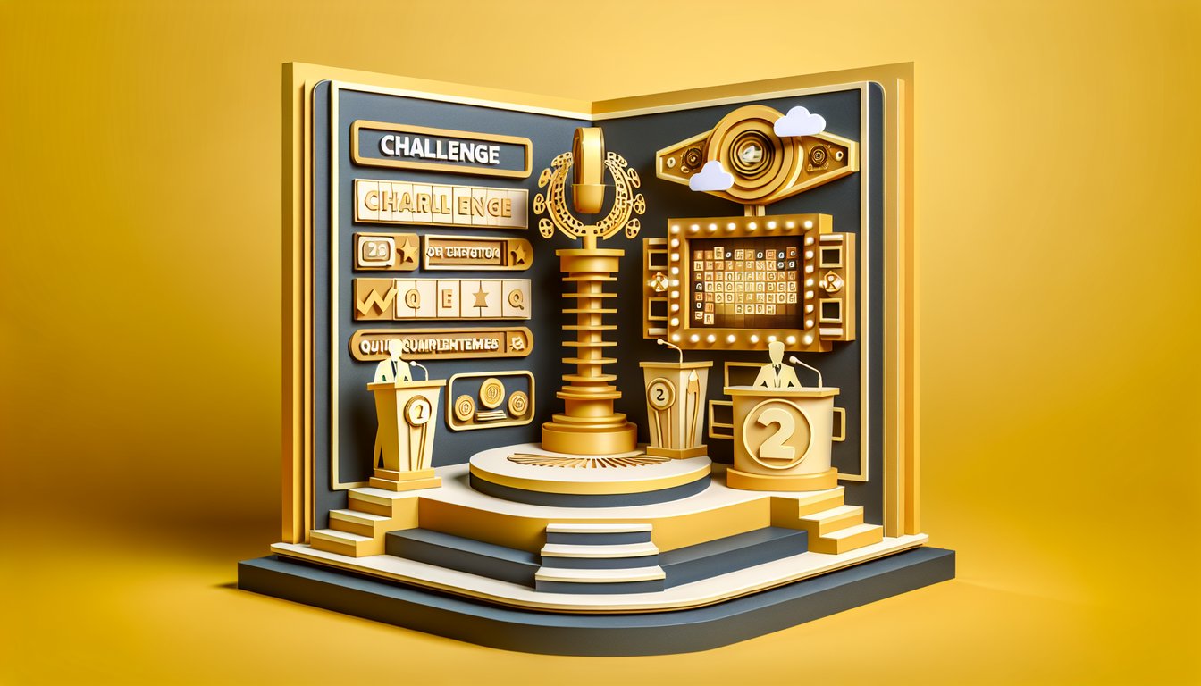 Paper art illustration of BB11 trivia top moments quiz elements on golden yellow background