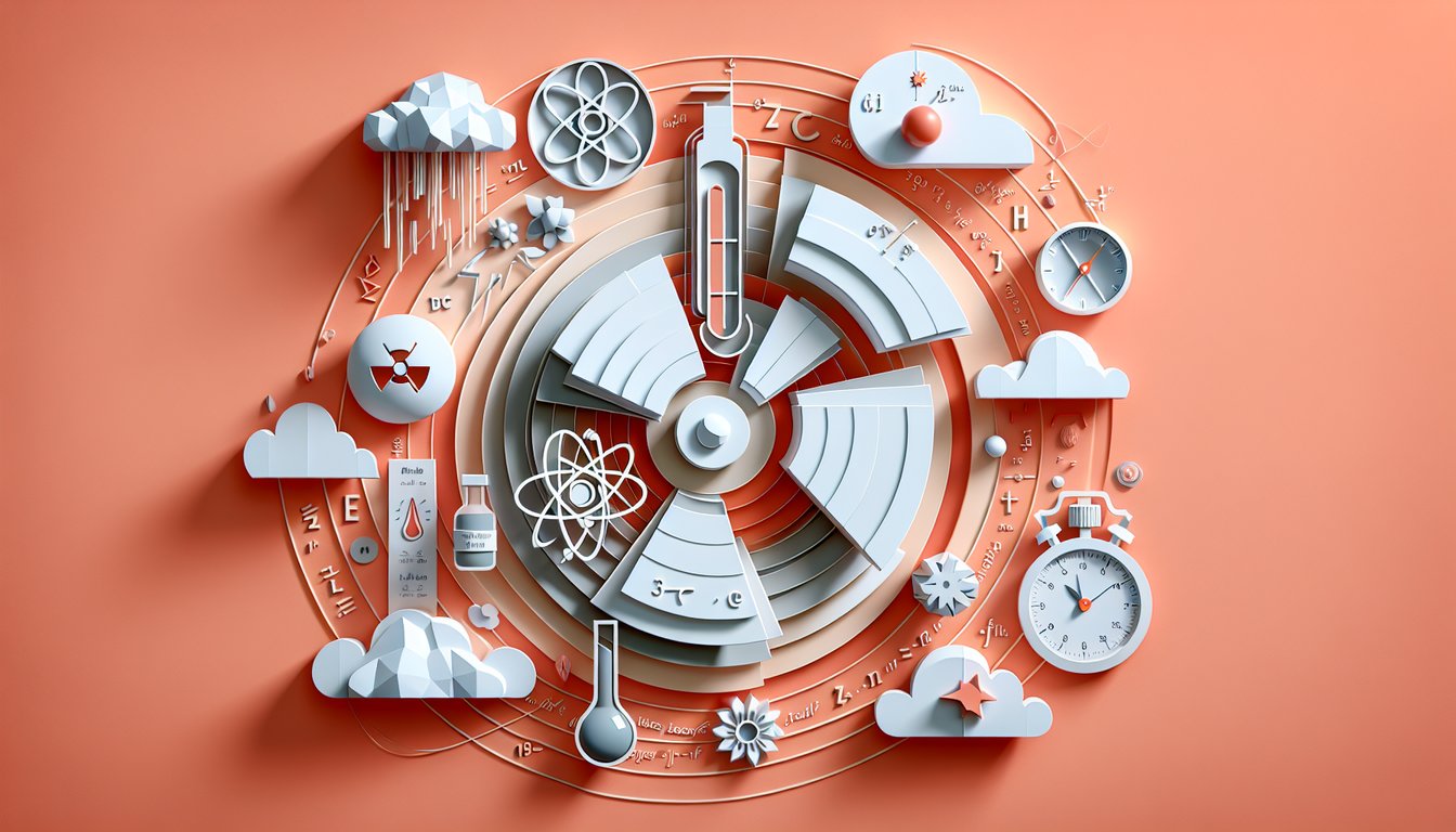 Paper art illustration atom model, radiation symbol, test tube on coral background for Chapter 7 radioactivity quiz