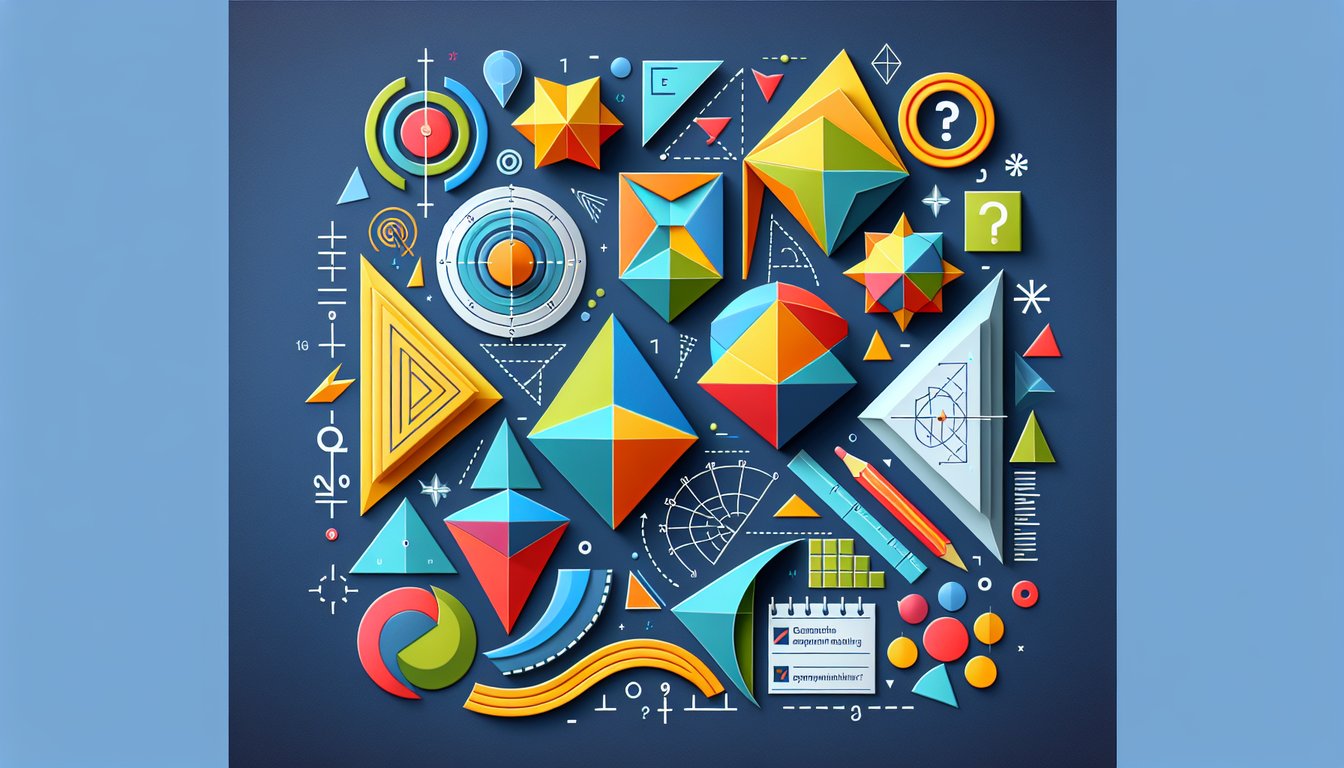 Colorful paper art promoting Shape It Up, an interactive geometry quiz for middle school students.