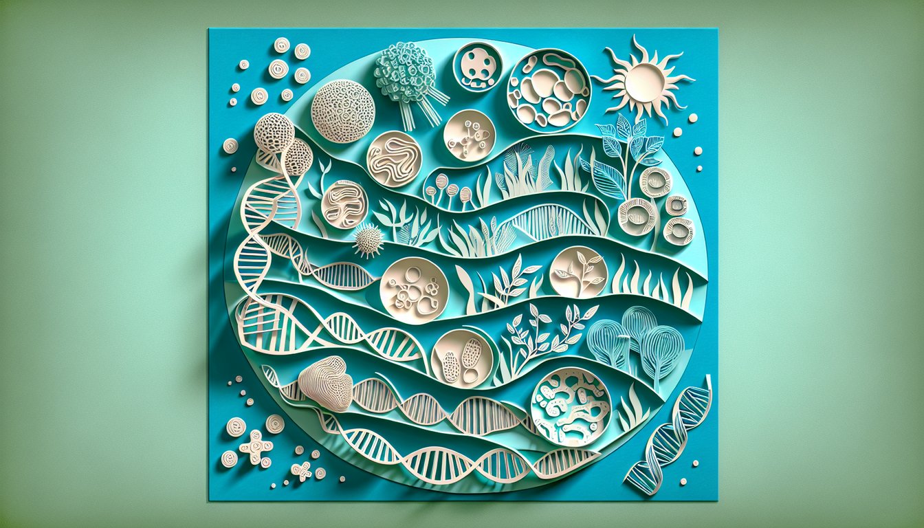 Paper art biology quiz illustration showing cells dna helix evolution icons on teal background