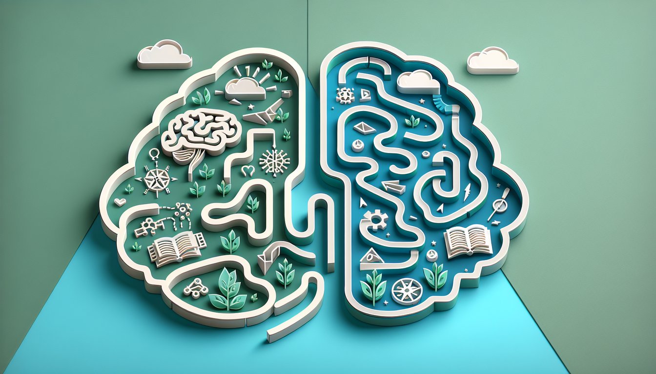 Paper art illustration of two brains locked fixed vs growing with arrows leaves and icons on teal background