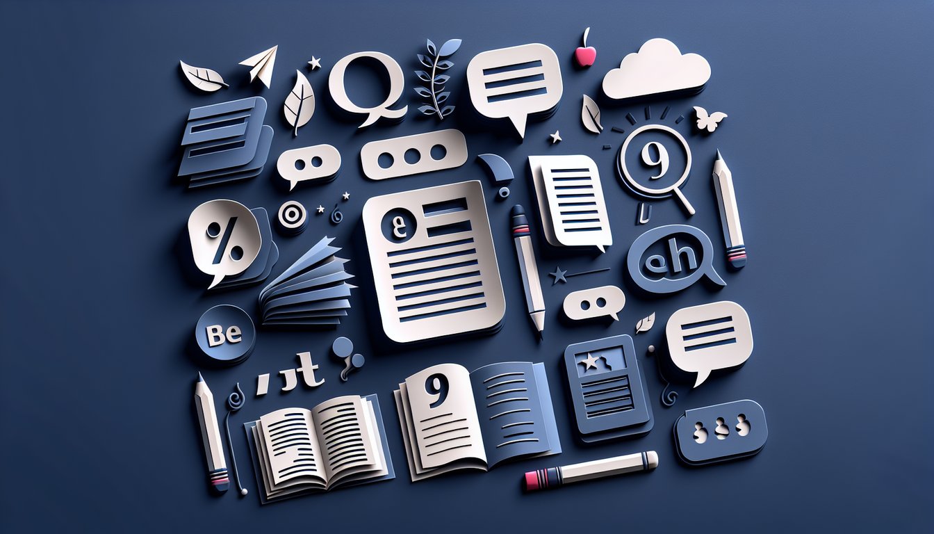 Paper art illustration of books pencils letters forming a 9th grade grammar quiz scene on a dark blue background