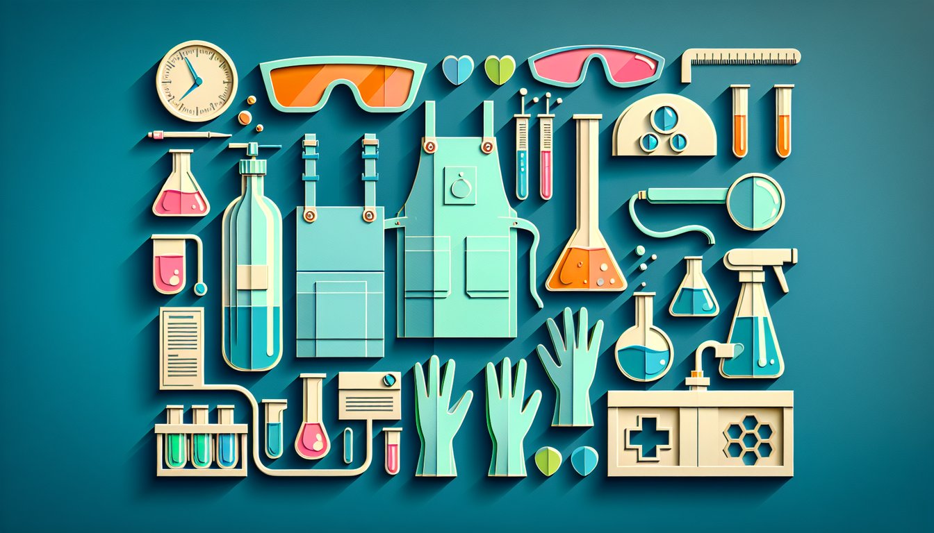 Paper art lab safety quiz on teal background with challenge yourself text and lab apron graphic