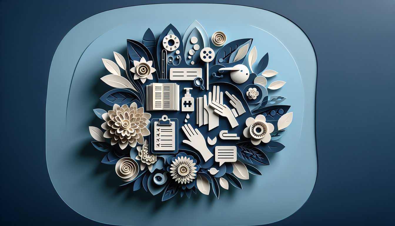 Paper art shows quiz materials and icons for child care topics like hand washing, teaching methods on dark blue background