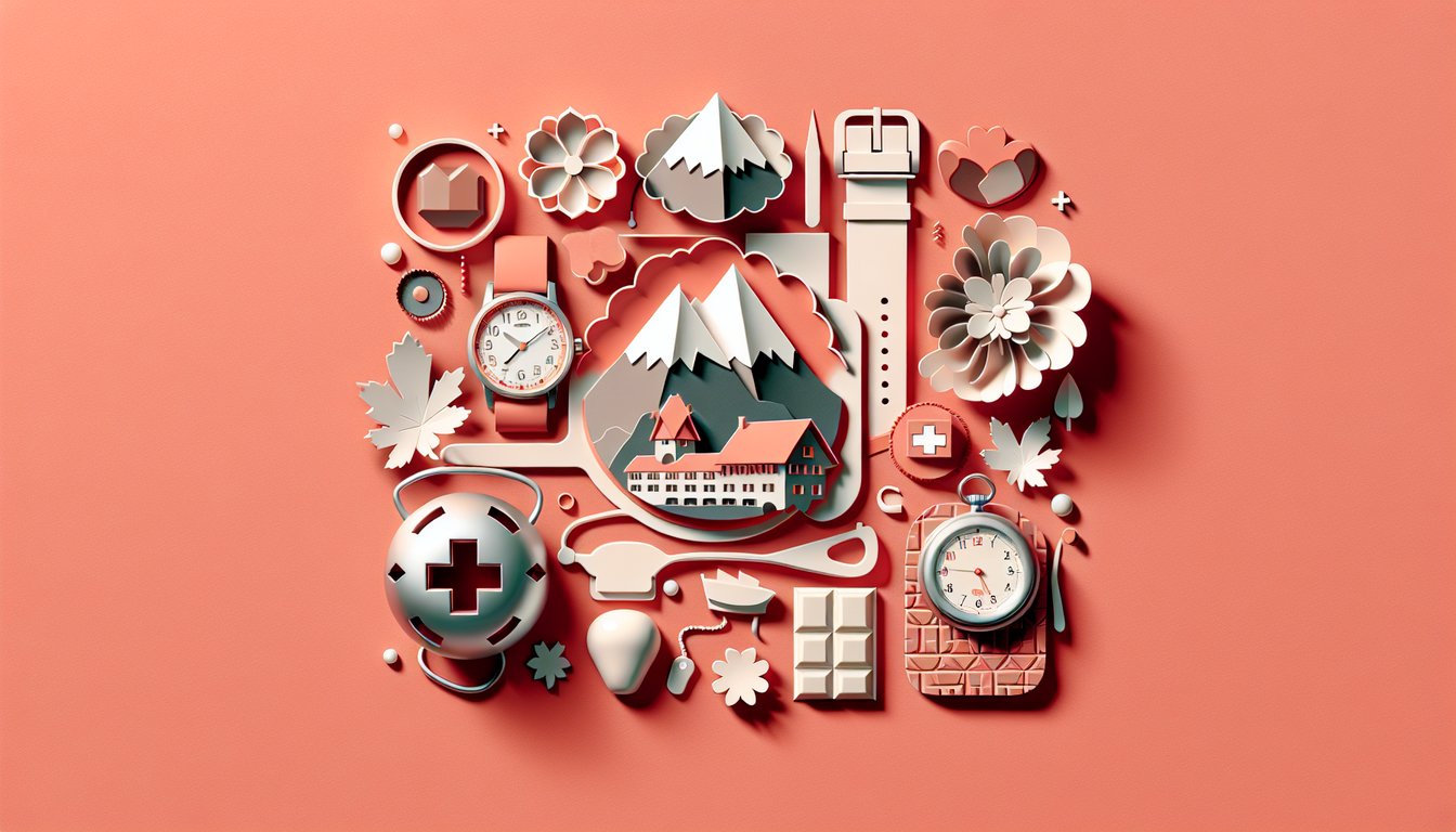 Paper art quiz design on coral showing survey board with family feud prompts on Switzerland and other topics.