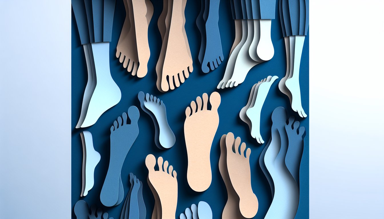 Paper cut art foot silhouettes on dark blue background for personality quiz about foot shapes
