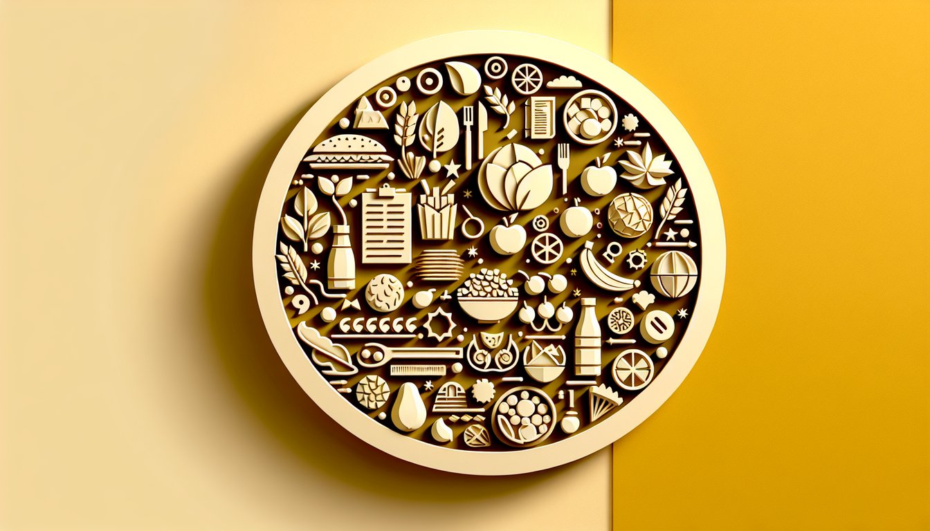 Paper art collage of burger pizza salad utensils and plates on golden yellow background for meal quiz