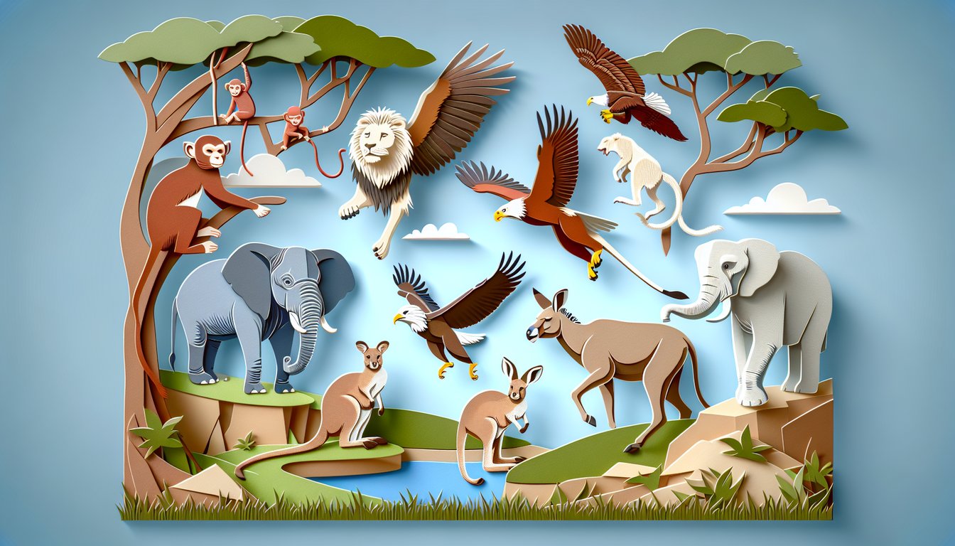 paper art style animal figures fox elephant bird turtle lion around quiz heading on sky blue background