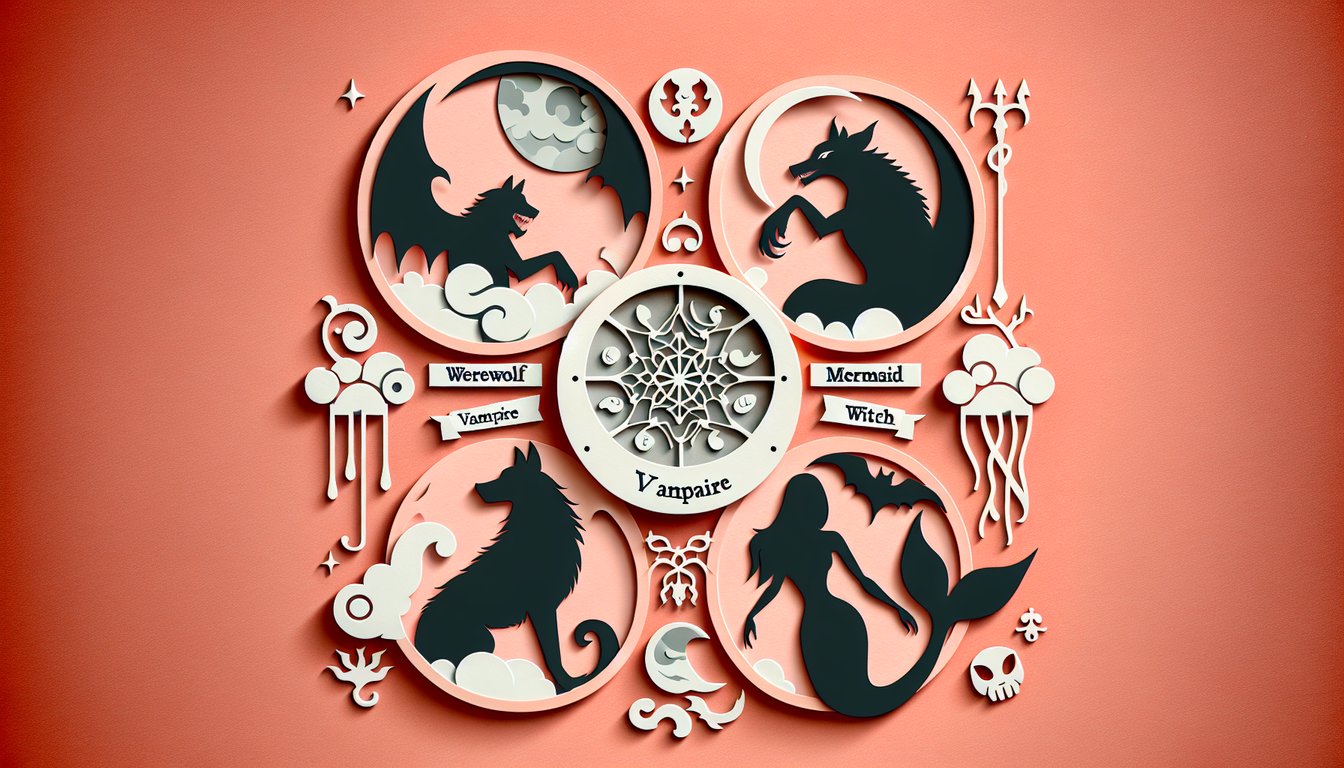 Paper art collage of werewolf mermaid vampire witch shapes on coral background for personality quiz