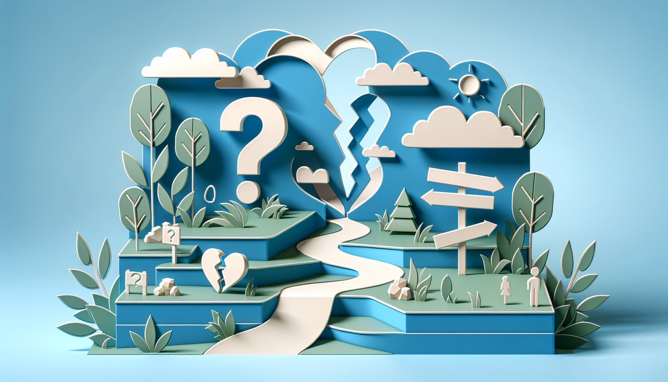 Paper art illustration for a personality quiz about understanding an exs feelings on a sky blue background