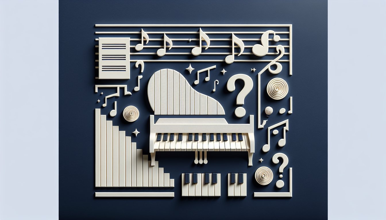 Paper art illustration for piano skills quiz on a dark blue background