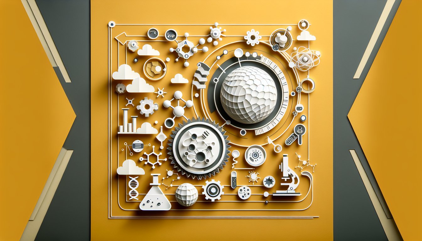 Paper art science symbols magnifying glass test tube DNA helix on golden yellow background for Has Science Gone Too Far quiz