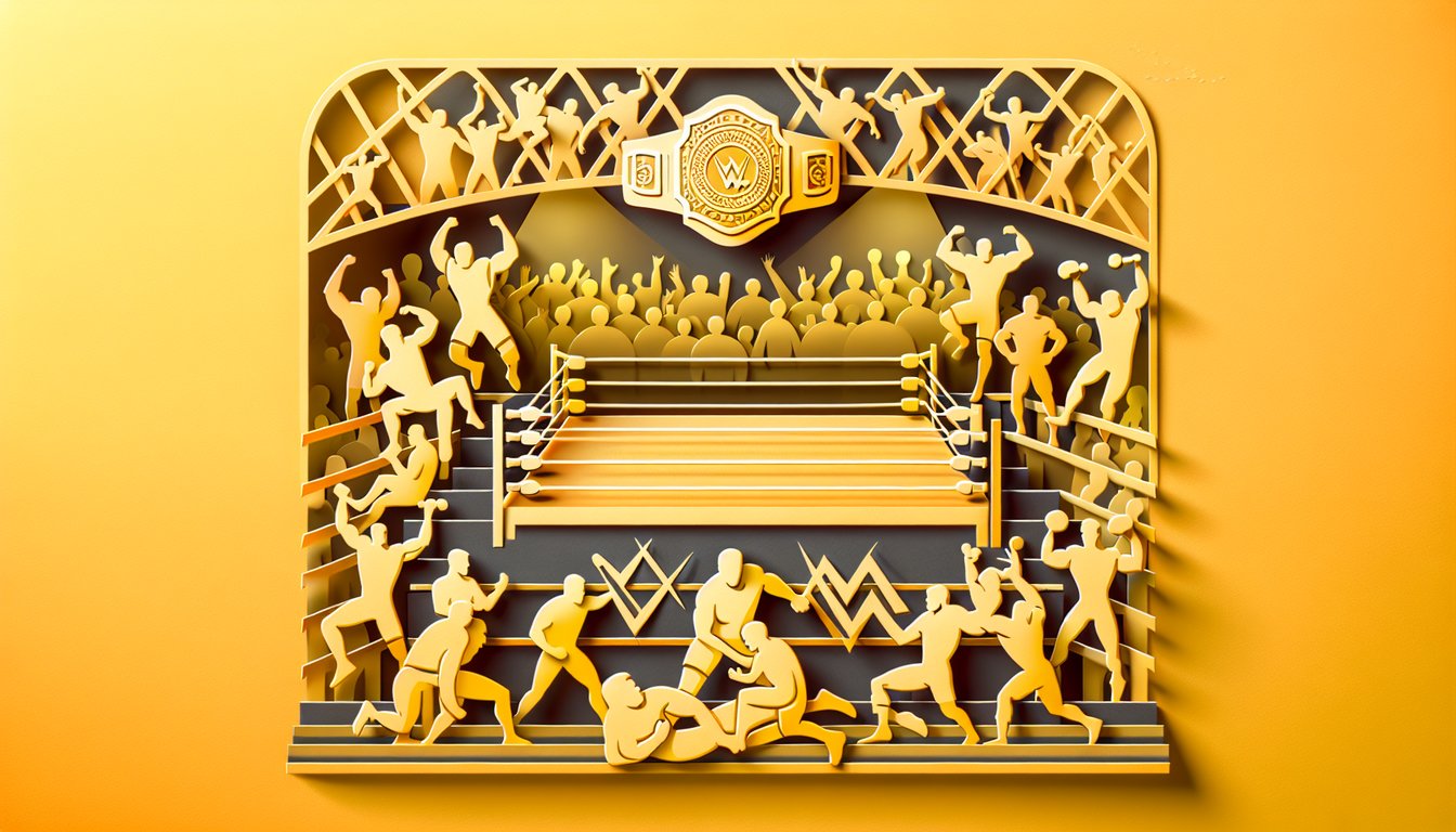 Paper art wrestling championship quiz graphic with title text on golden yellow background belt icons and ring motif