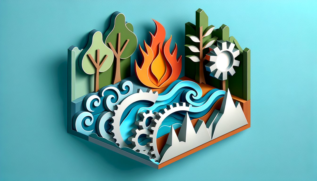 Layered paper art fire water wood metal earth symbols above bold quiz text on teal background