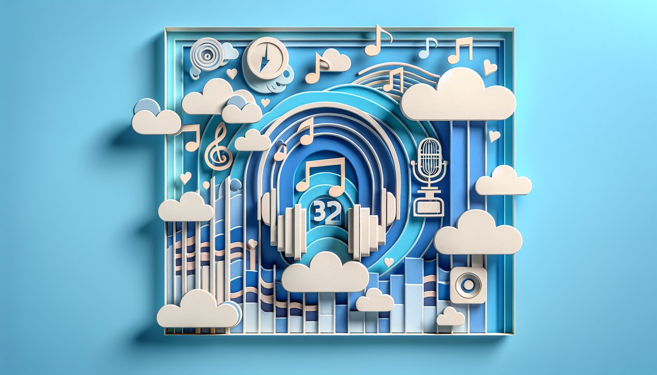 Paper art of Guess the Song Quiz with headphones, music notes, song clip icons on sky blue background