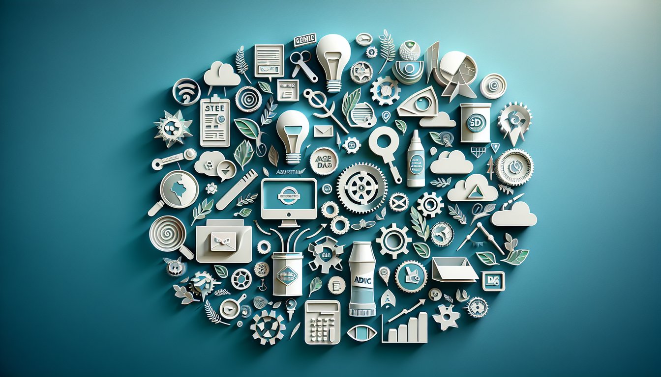 Paper art depiction of advertising quiz concept on teal background, with marketing icons and creative campaign motifs.