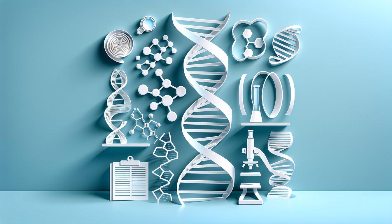Paper art illustration for Genetics Final Exam quiz on a sky blue background.