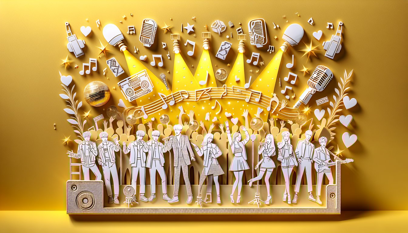 Paper art illustration for K-Pop idol personality quiz on a golden yellow background