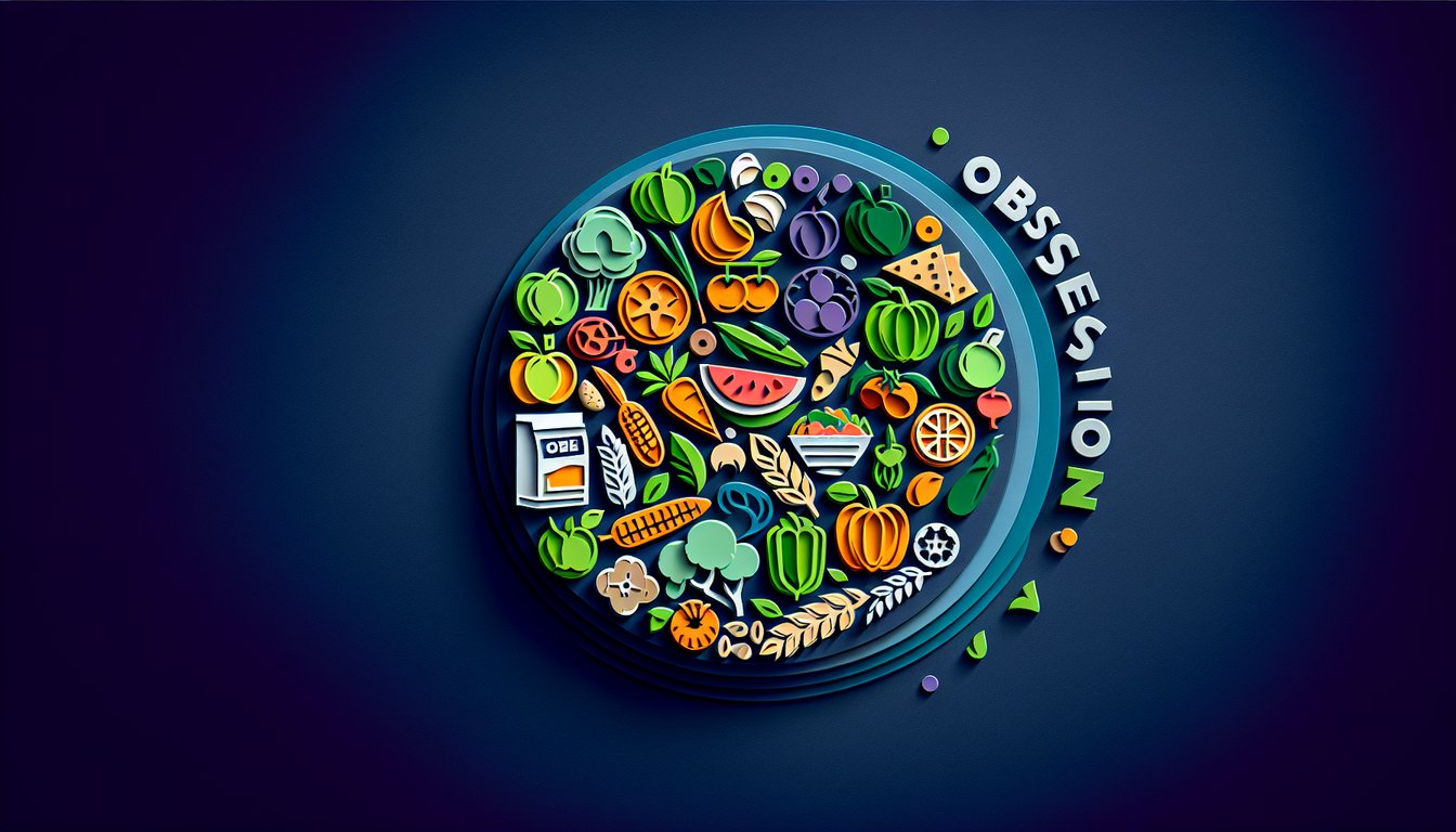 Paper art fruits vegetables and kitchen tools around free orthorexia quiz title on dark blue background