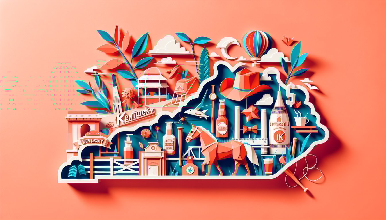 Coral background paper art collage showing horse, bourbon barrel, horseshoe, state outline, and cardinal
