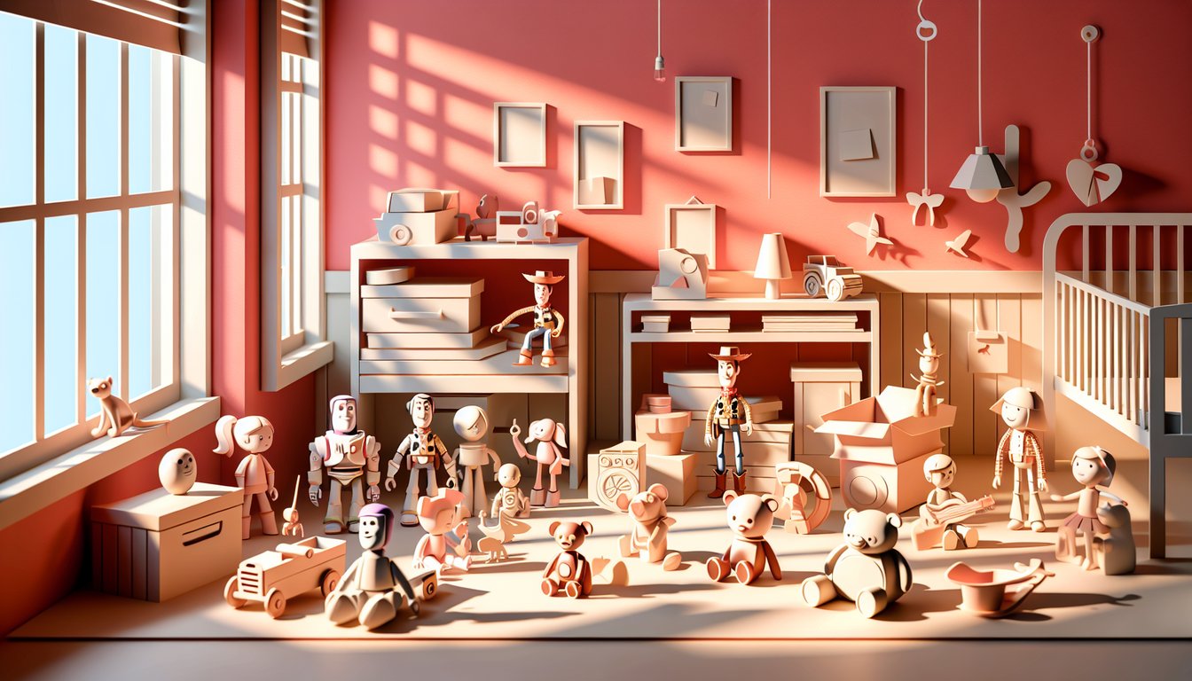 Paper art illustration for Toy Story quiz on coral background, find out your character by answering fun questions.