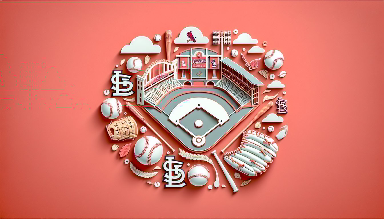 Paper art illustration on coral background featuring St Louis Cardinals baseball bat glove cap and quiz trivia elements