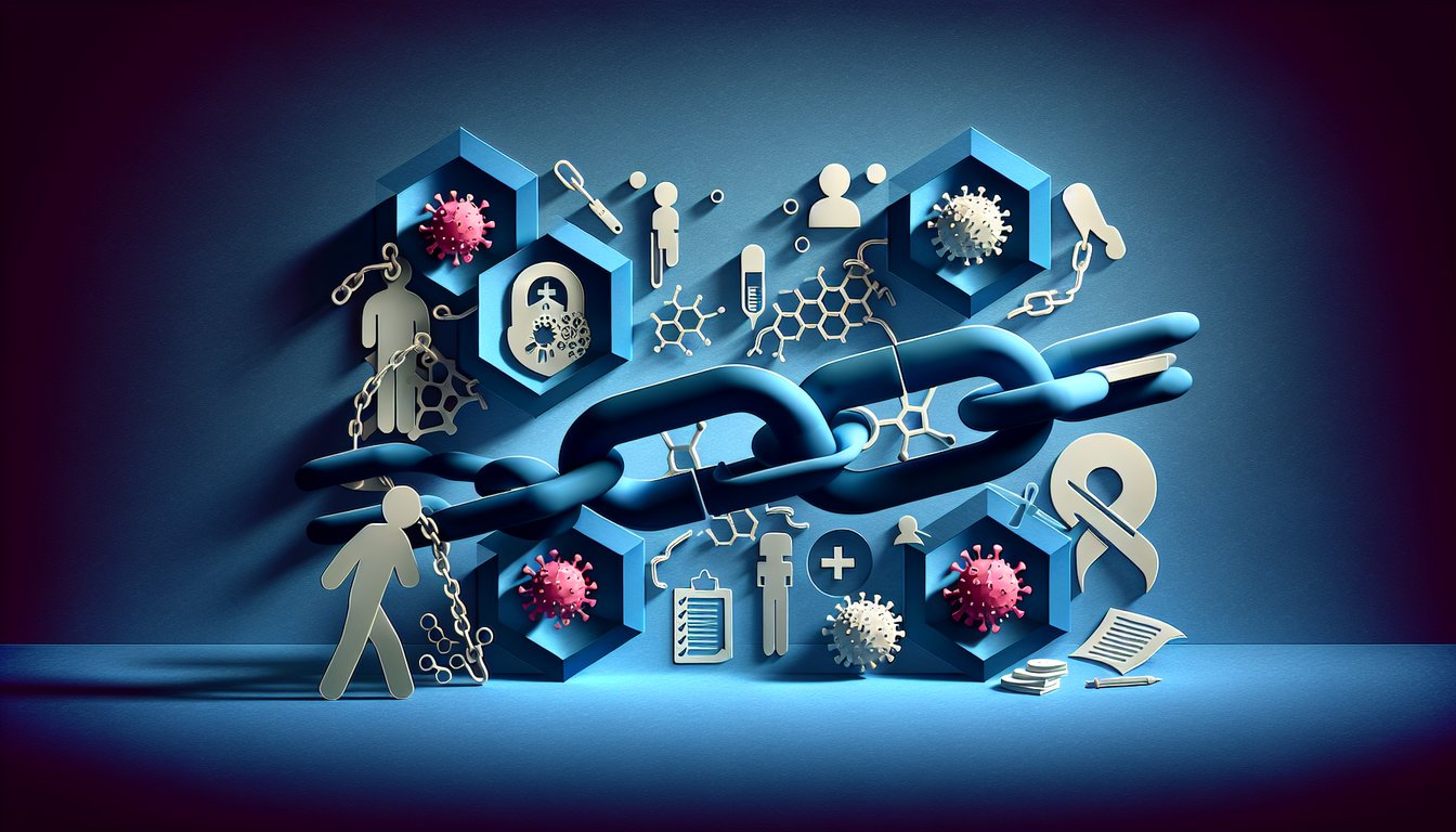 Paper art chain with six links and a broken link representing infection transmission and prevention on dark blue background
