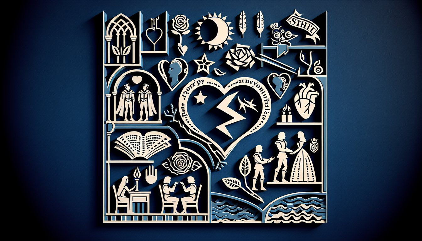 Paper art book scroll heart and quill on dark blue background promoting Romeo Juliet Prologue and Act I quiz.