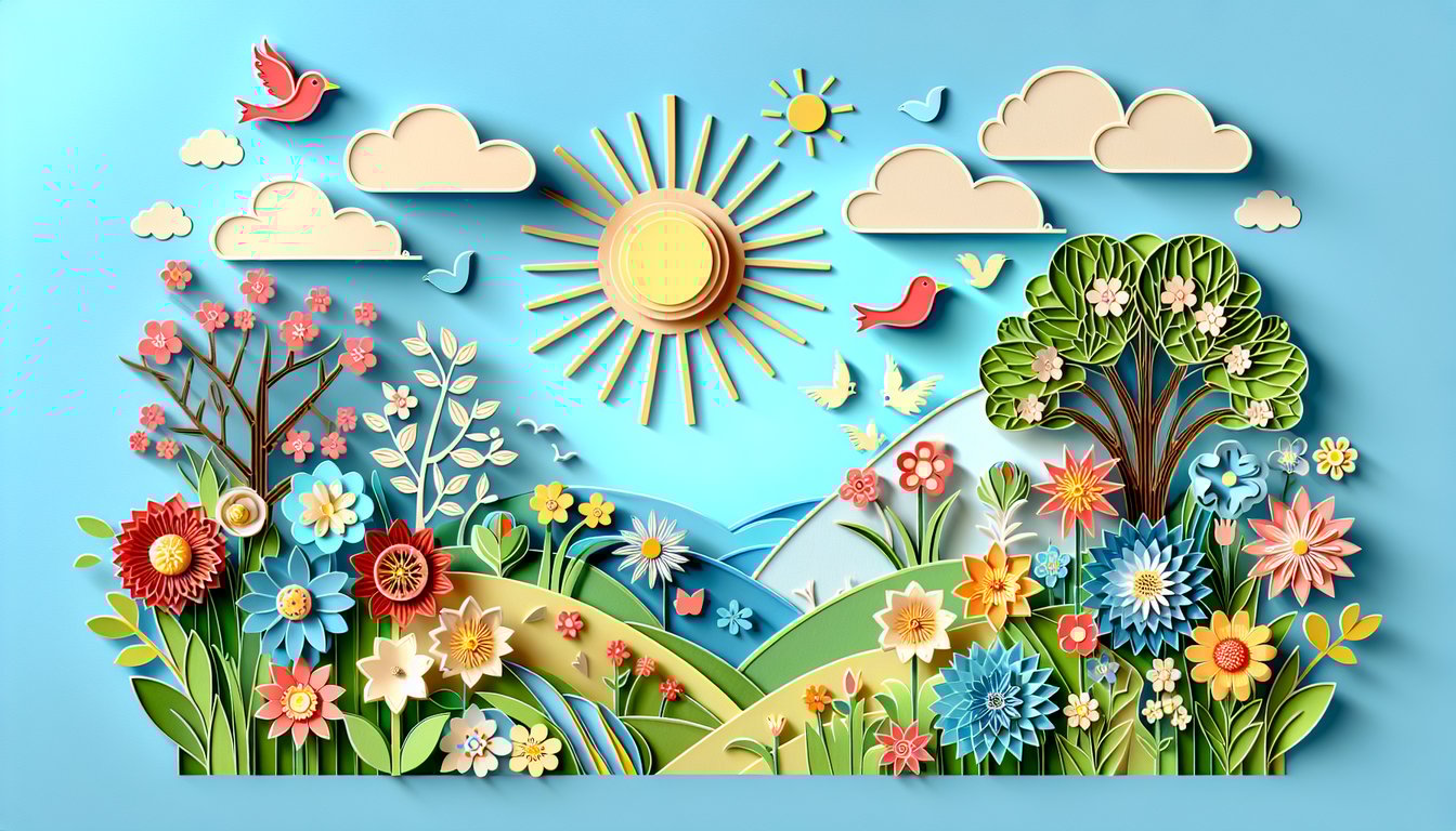 Paper art illustration with spring flowers green leaves quiz banner on sky blue background