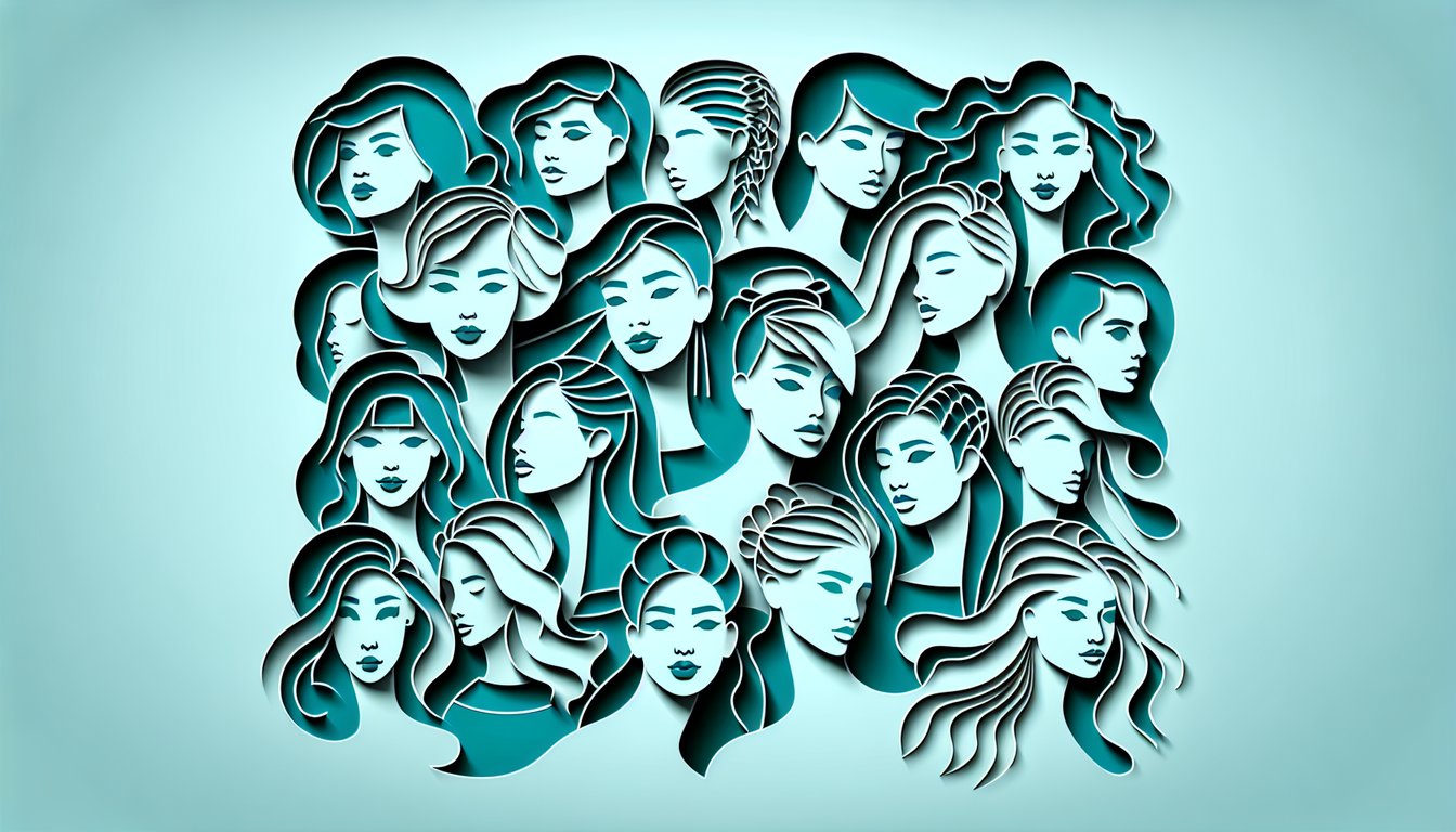 Paper art illustration of diverse face shapes and hairstyles on teal background advertising a free hairstyle quiz
