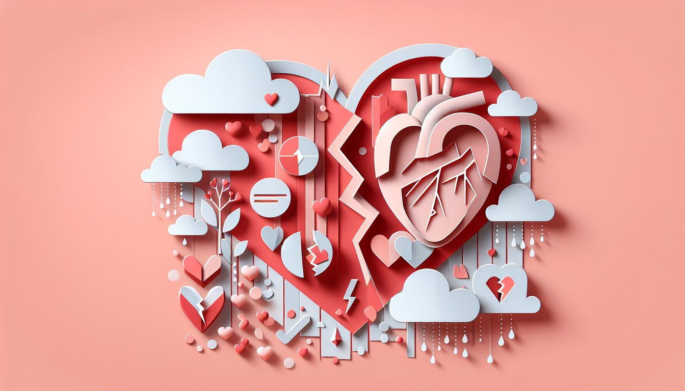 Paper art illustration for Broken Heart Syndrome quiz on a coral background