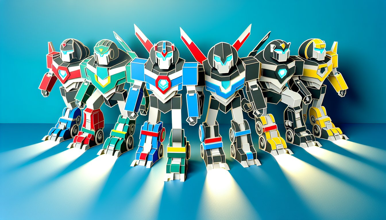 Paper art style Voltron Lion quiz graphic on sky blue background featuring five colored lion heads and quiz title text.