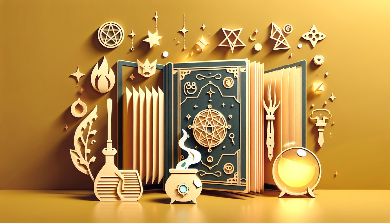 Paper art illustration of hearts stars potions and spell book for Charmed quiz on golden yellow background