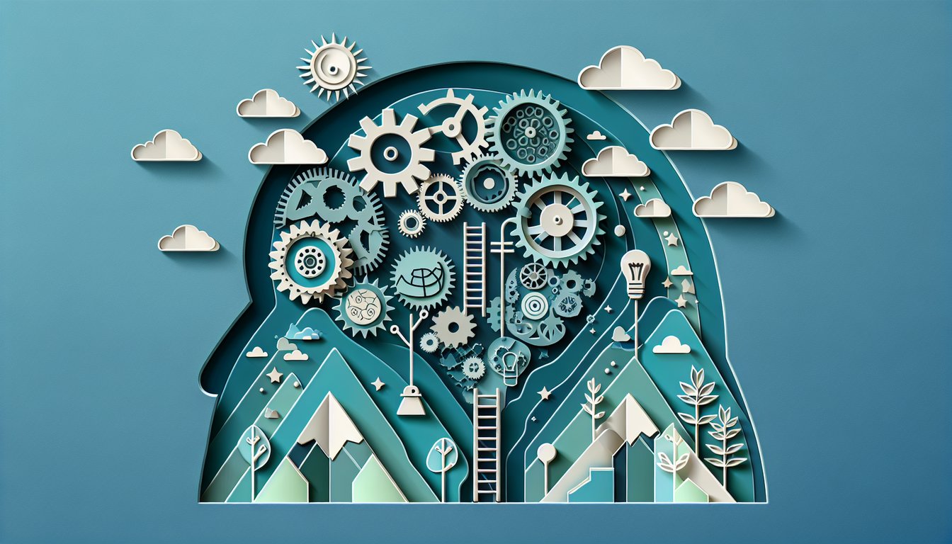 Paper art style scene showing paper figures climbing steps and lifting arrows on teal background for attitude quiz.