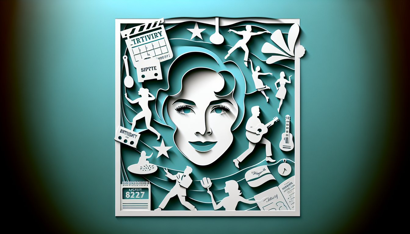 Paper art collage of Ashley Tisdale trivia quiz including film strips birthday cake musical notes on teal background
