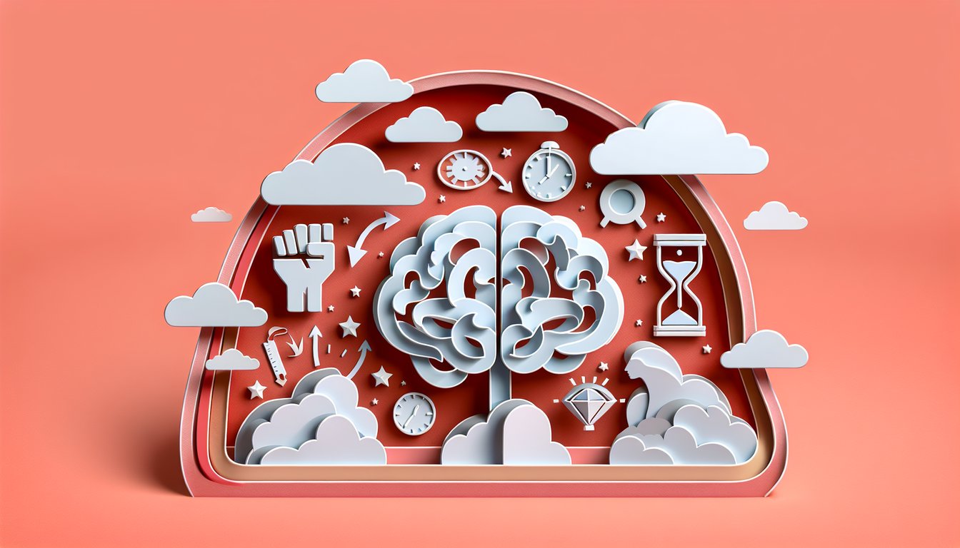 Paper art illustration on coral background showing checklist pencil clock gears for willpower focus habits productivity
