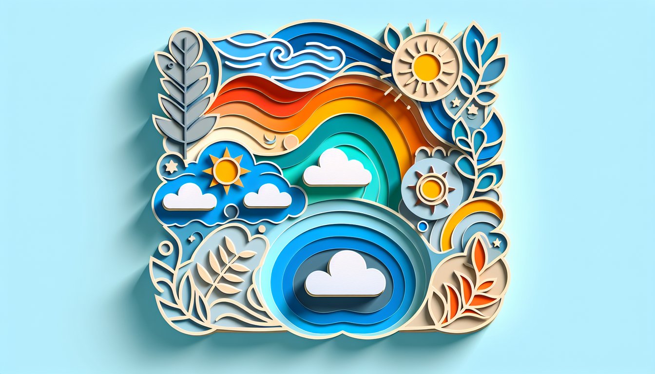 paper art illustration with playful shapes colors seasons and moods on sky blue background invites vitality personality quiz
