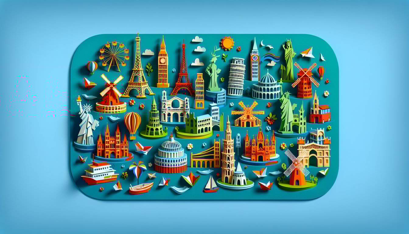 Paper art illustration of Western Europe map and landmarks with quiz title on teal background