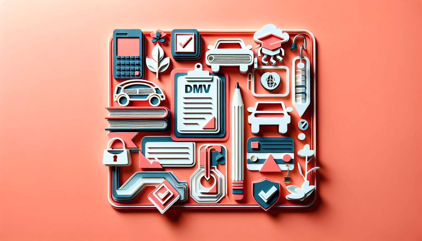 Paper art illustration for DMV salesperson knowledge quiz on a coral background