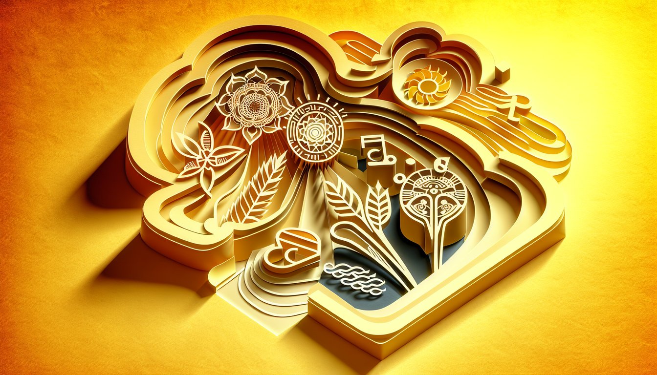 Paper art showing five icons on golden yellow backdrop inviting users to take quiz uncover unique appreciation style.
