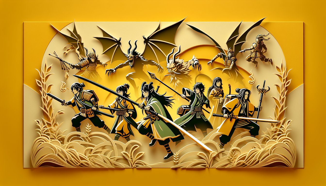 Paper art collage of anime hero with ice motifs flanked by demon silhouettes and Natsu fire icon on golden yellow background
